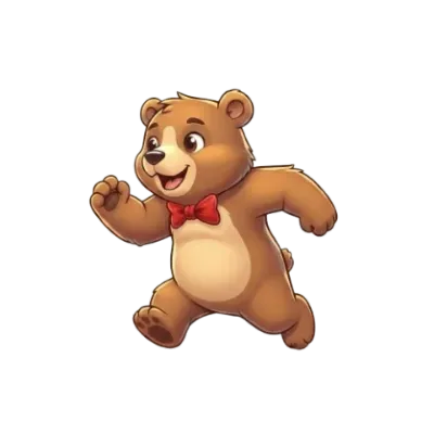 Super Bear Adventure game mascot – friendly brown bear in red bow tie running joyfully