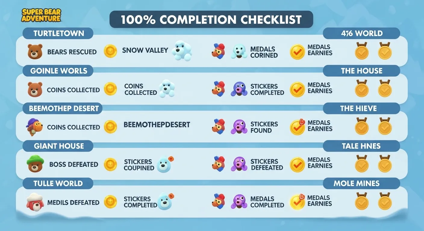 Full mission checklist for Super Bear Adventure hub and worlds