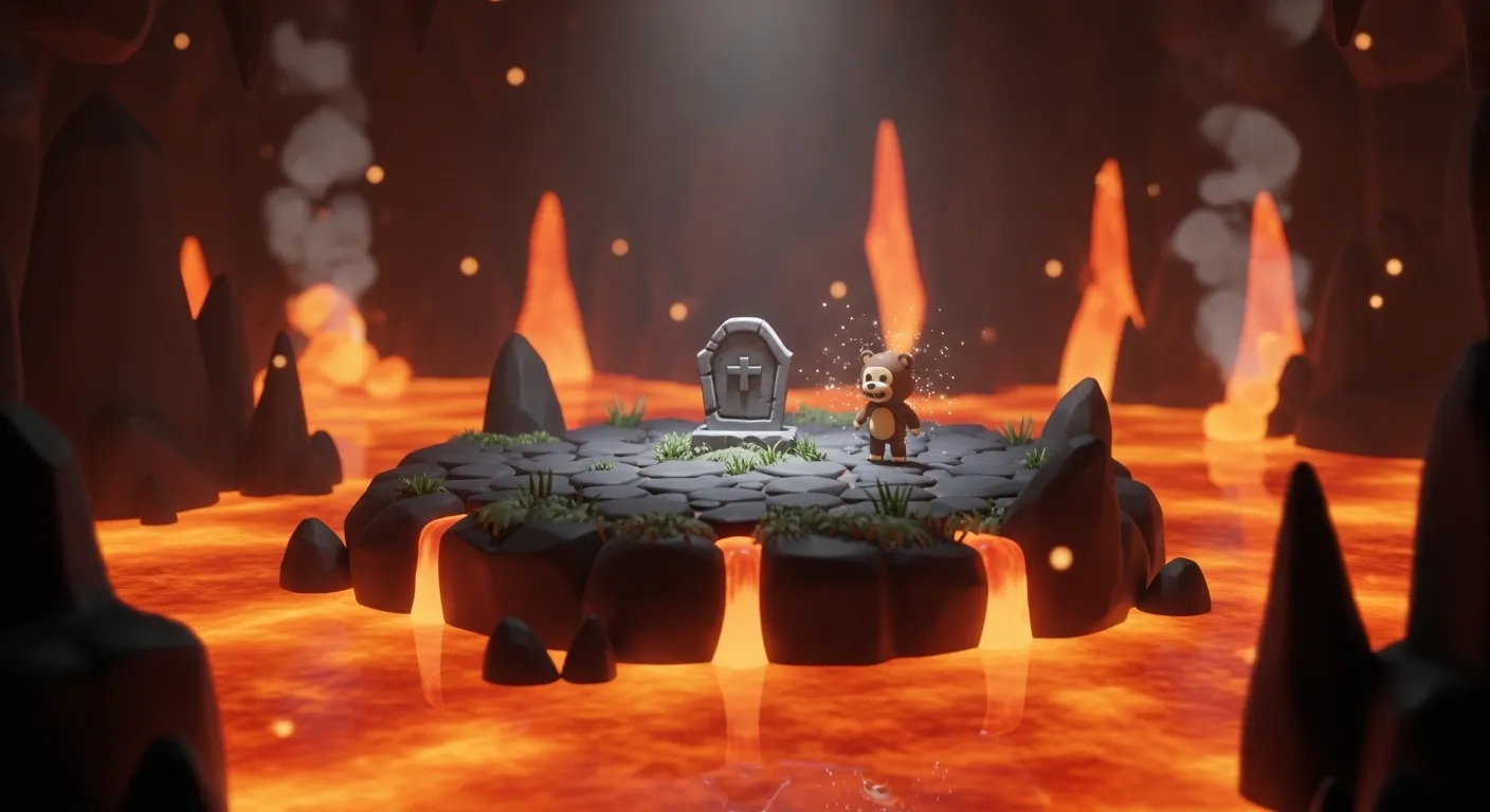 Industrial grave - First Miner tombstone in Mole Mines lava pit - Super Bear Adventure