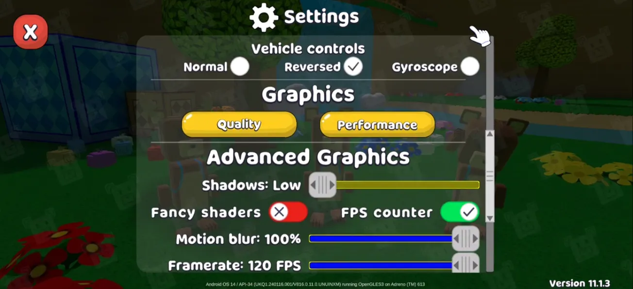 Settings menu - best in-game graphics options to remove lag in Super Bear Adventure